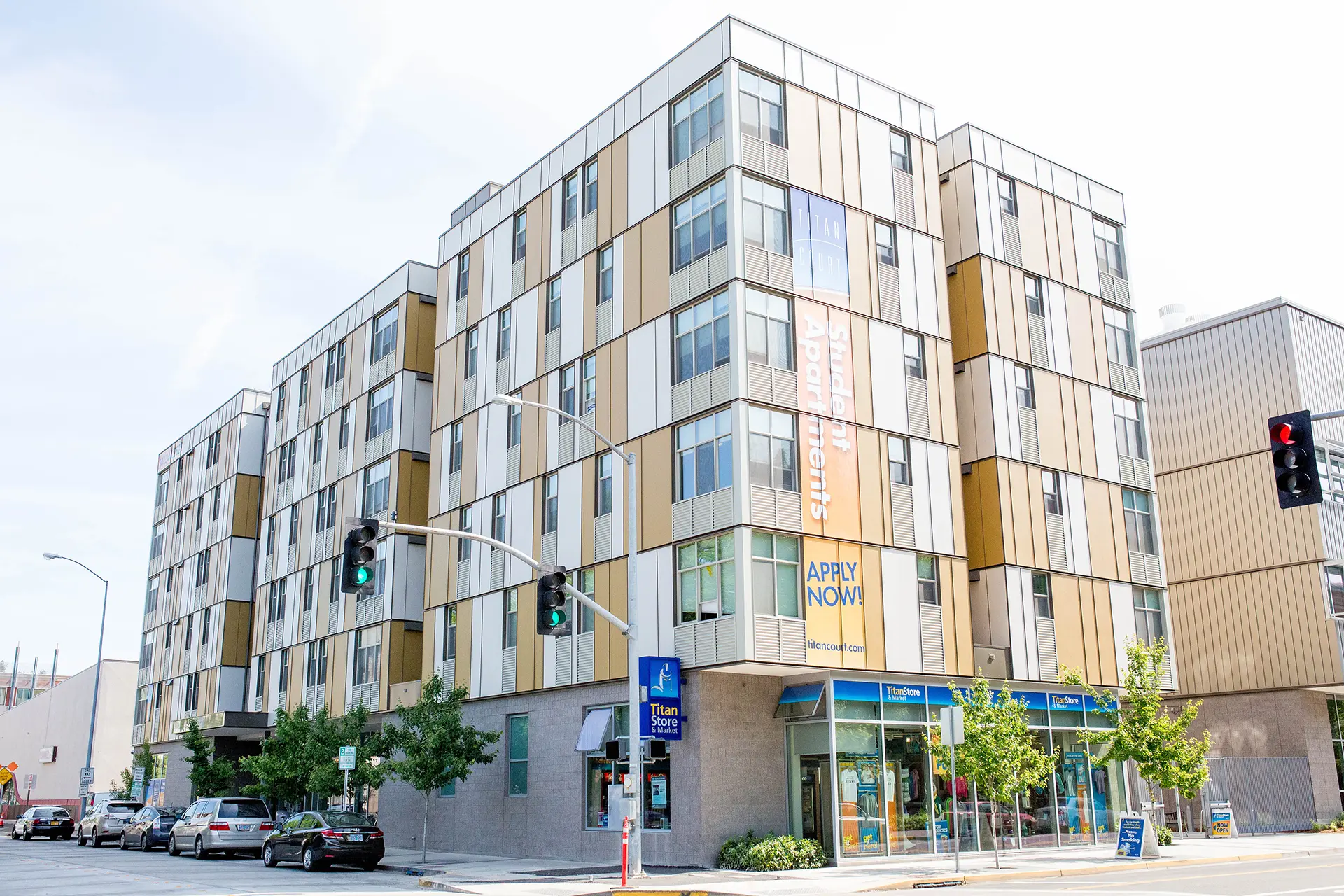 exterior view of titan court student apartments